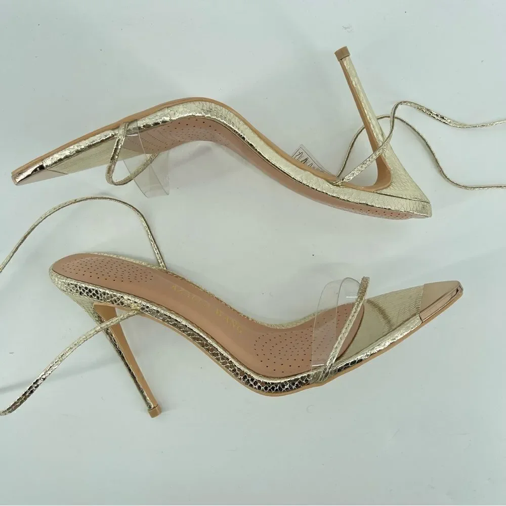 Azalea Wang Gold Clear Strap Lace Up Stiletto Heels Embossed Wrap Sandals 8.5
